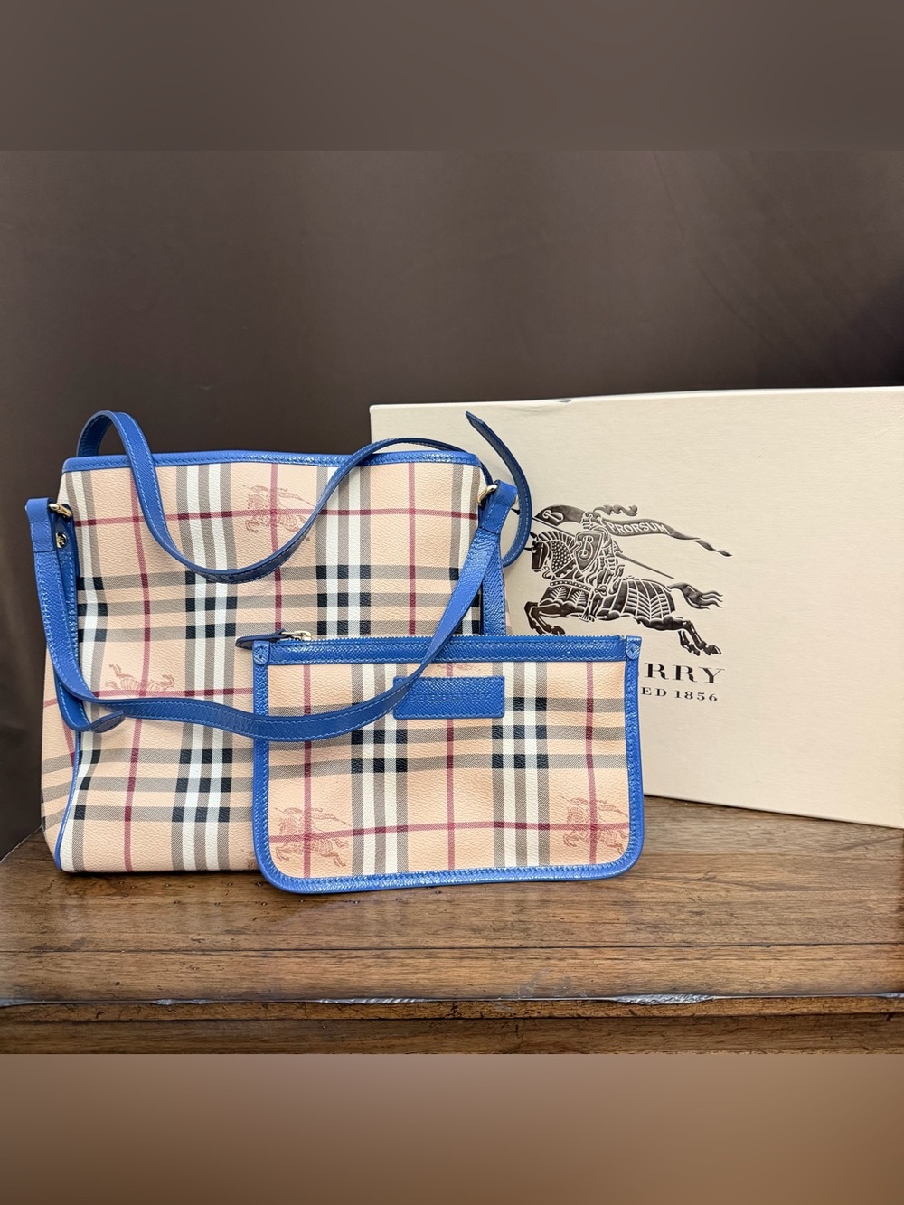 Burberry Canterbury Tote Haymarket Check with Blue Leather Trim & Pouch
